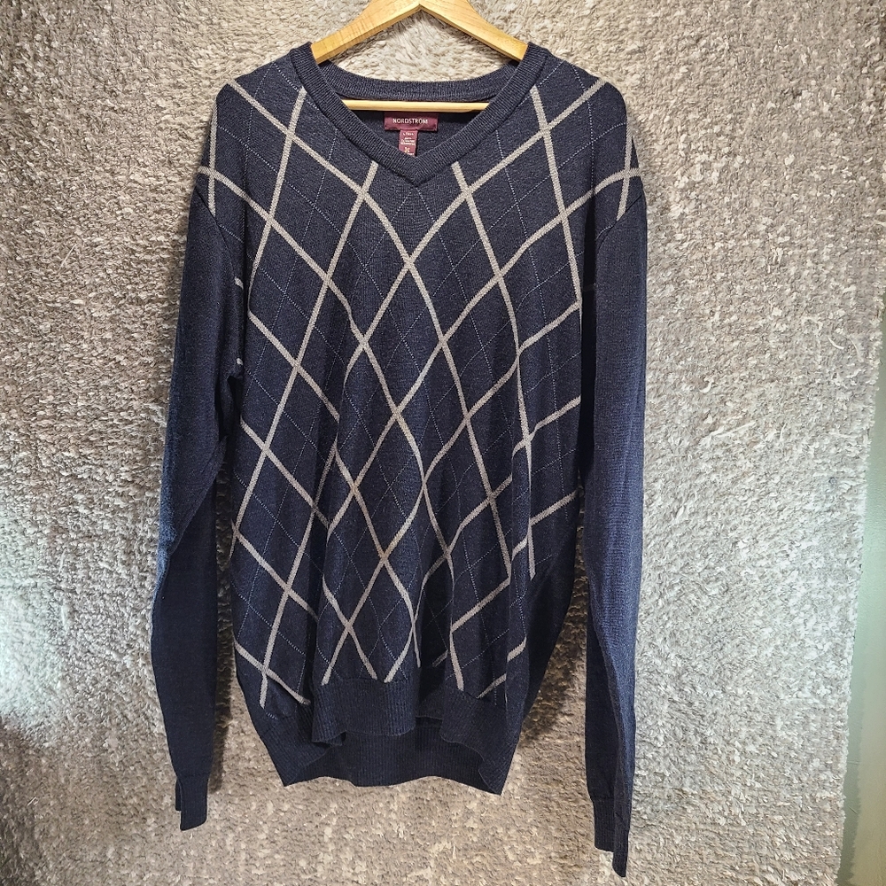 Nordstrom Sweater Men XL Tall Extra Fine Merino Wool‎ Pullover Argyle V NeckIn g